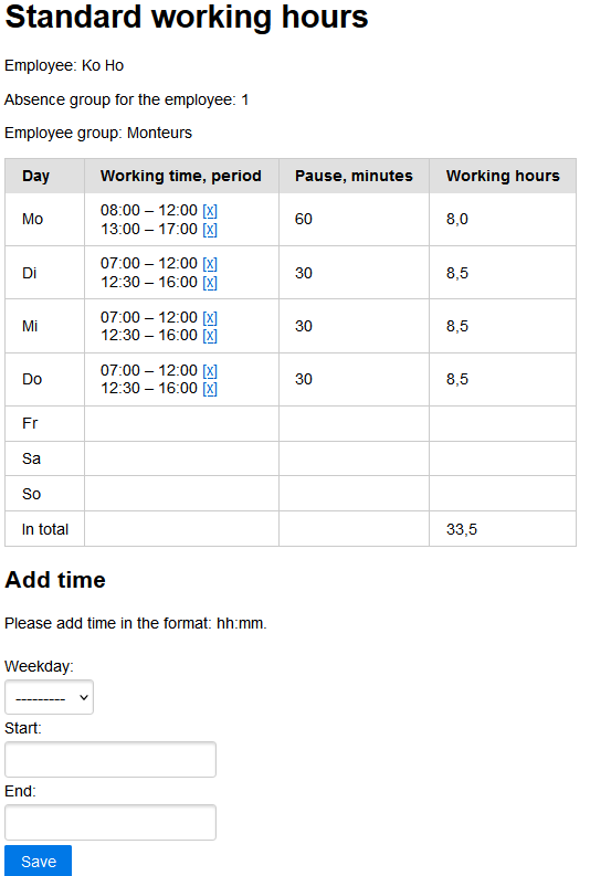 Standard working hours